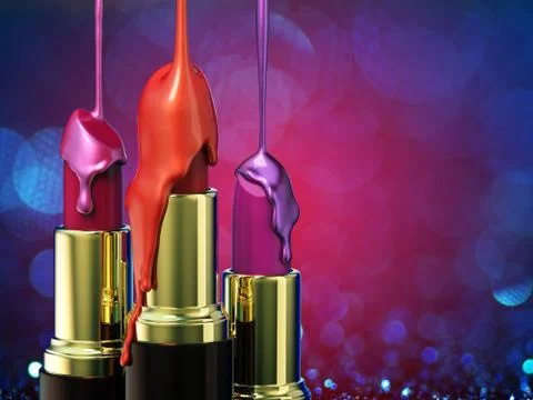 Red lipstick and multi-colored droplet nail polish on bokeh background. Stock-Illustration