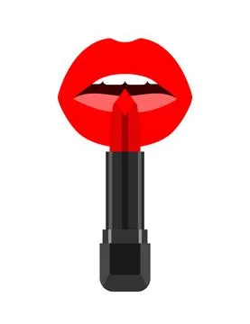 Red lipstick in a black case in front of an open female mouth with red lips Stock Illustration
