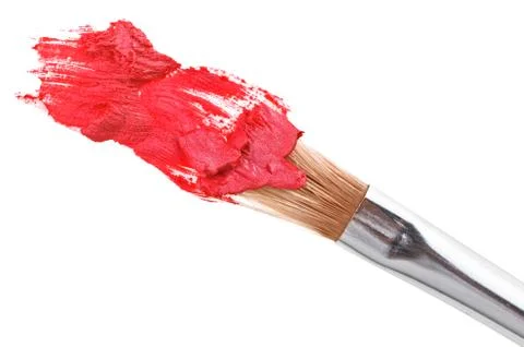Red lipstick stroke (sample) with makeup brush, isolated on white Foto stock