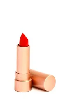 Red lipstick on white background studio shot Stock Photos