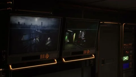 Red-lit precision: military robots secure control hub in sci-fi scene Stock Footage 138183146
