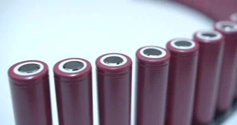 Red Lithium Ion Batteries Accumulator 18650 One Row Rotates In 30fps Stock Footage 237564971