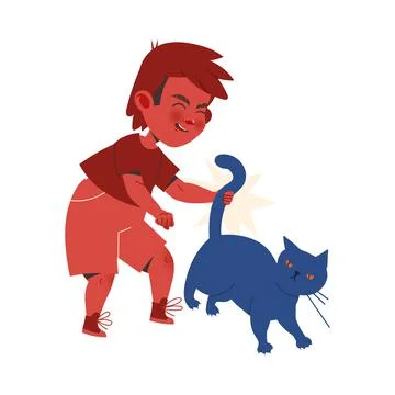 Red Little Boy Aggressor Pulling Cat Tail Abusing and Insulting Weak Vector Stock Illustration