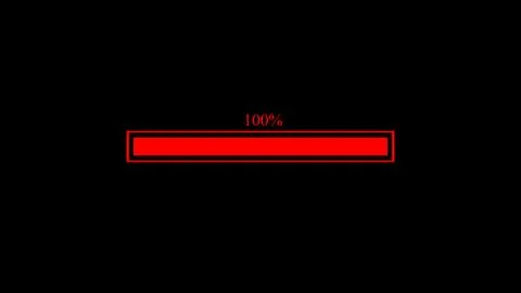 Red loading bar at one hundred percent on dark background representing emer.. Stock Illustration