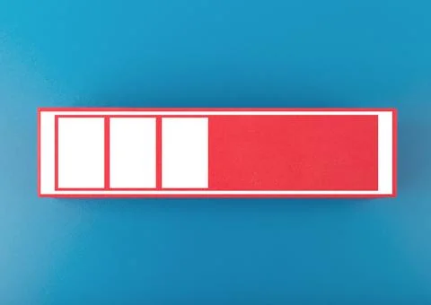Red loading progress bar or charging battery on blue background. Minimal concept Stock Photos