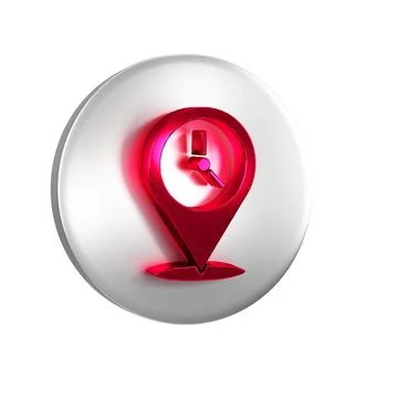 Red Location with clock icon isolated on transparent background. Silver circl 스톡 일러스트