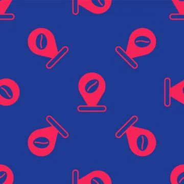 Red Location with coffee bean icon isolated seamless pattern on blue backgrou Illustrazione stock