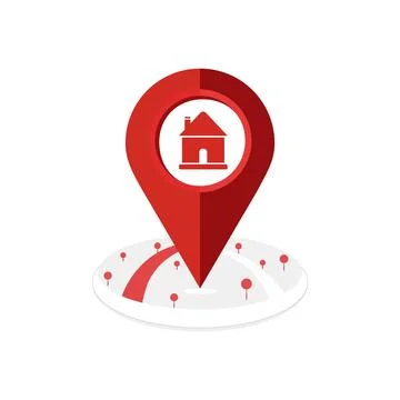 Red Location icon with pin pointer on Round Map home icon Stock Illustration