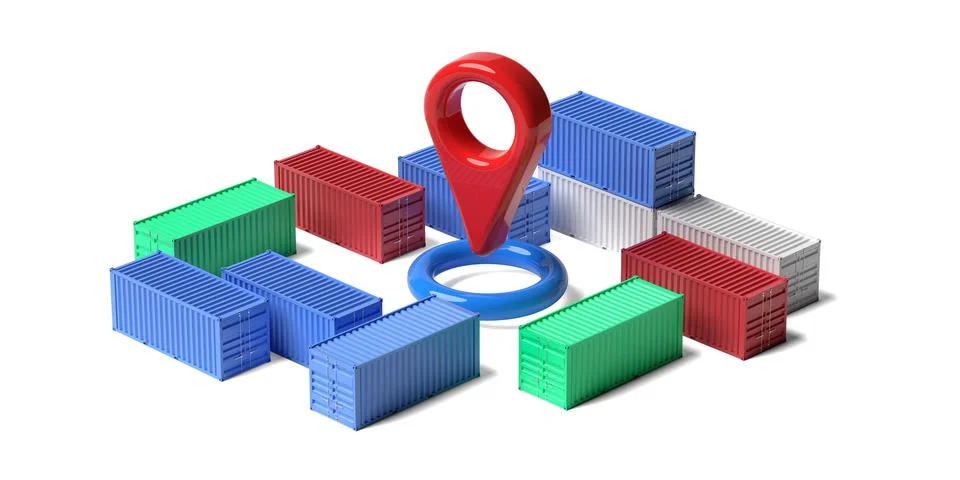 Red location marker surrounded by cargo, freight or shipping containers ove.. 스톡 일러스트