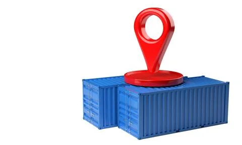Red location or GPS position marker on top of blue cargo, freight or shippi.. Stock Illustration