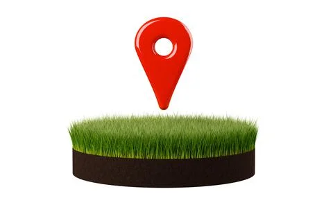 Red location or navigation marker or pin symbol on round patch of grass over  Ilustración de archivo