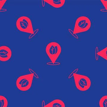Red Location pin with leaf inside icon isolated seamless pattern on blue 스톡 일러스트