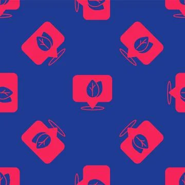 Red Location pin with leaf inside icon isolated seamless pattern on blue Stock Illustration