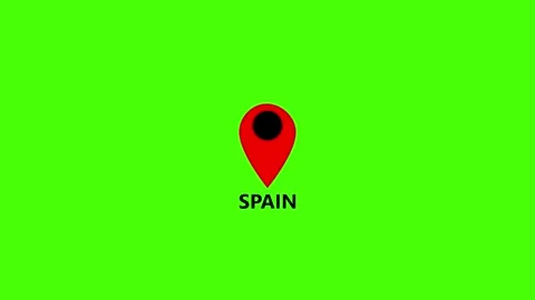 Red location pin marker with S P A I N text on bright green screen backgrou.. Video stock 338371674