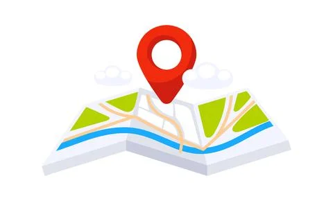 Red Location Pin Pointing on Folded Paper City Map Navigation Stock-Illustration
