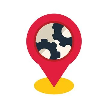 Red location pin showing working cogwheels inside Stock Illustration