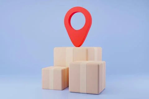 Red location sign on stacked boxes against a pale blue background. 3d render. Stock Photos