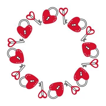 Red lock and key in circular wreath shape. Simple flat vector design Stockillustratie