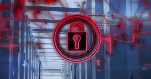 Red lock icon animation over futuristic corridor with digital security elements Stock Footage 304839976