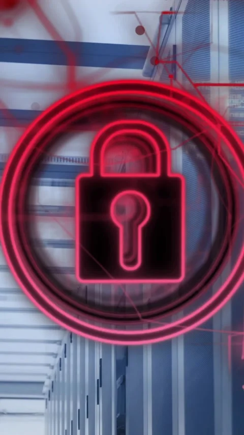 Red lock icon animation over futuristic corridor with digital security elements Stock Footage 319974358