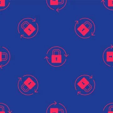 Red Lock icon isolated seamless pattern on blue background. Padlock sign Stock Illustration