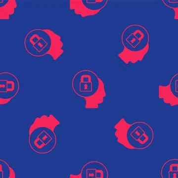 Red Lock icon isolated seamless pattern on blue background. Padlock sign Stock Illustration