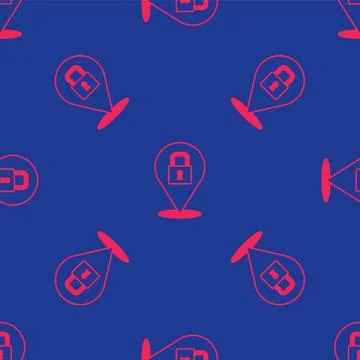 Red Lock icon isolated seamless pattern on blue background. Padlock sign Stock Illustration