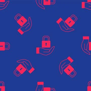 Red Lock icon isolated seamless pattern on blue background. Padlock sign Stock Illustration