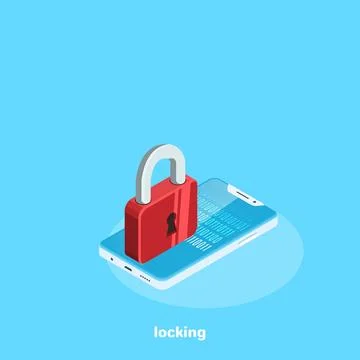 The red lock stands on the screen of the smartphone, an isometric image Stock Illustration