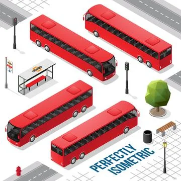 Red Long Isometric Bus from the Front Back Right and Left Stock Illustration