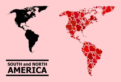 Red Love Heart Pattern Map of South and North America 스톡 일러스트