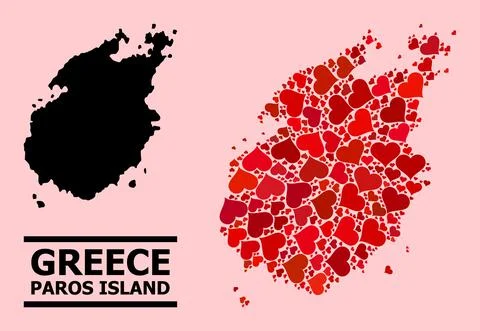 Red Love Heart Pattern Map of Paros Island 库存插图