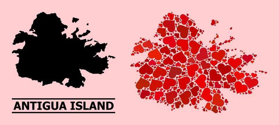 Red Love Heart Pattern Map of Antigua Island 스톡 일러스트