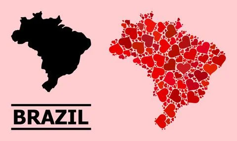 Red Love Heart Pattern Map of Brazil 스톡 일러스트