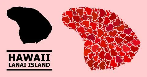 Red Love Heart Pattern Map of Lanai Island 스톡 일러스트