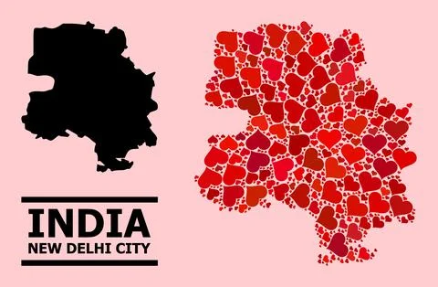 Red Love Heart Pattern Map of New Delhi City 스톡 일러스트