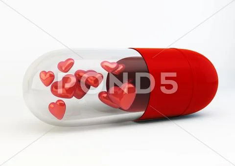 Red love pills inside capsule 3d illustration isolated on white background Stock Illustration