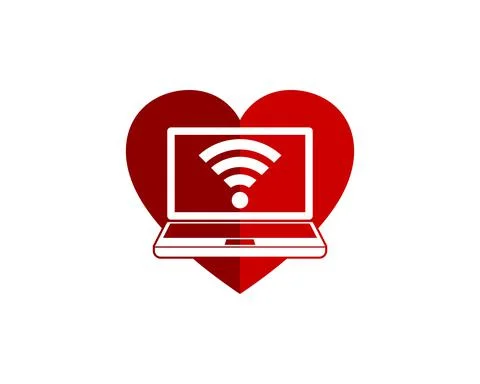 Red love shape with laptop computer with wifi symbol inside Stock Illustration
