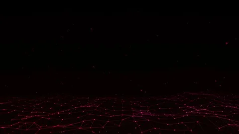 Red low poly waving grid with flying particles: Digital landscape Stock Footage 97079938