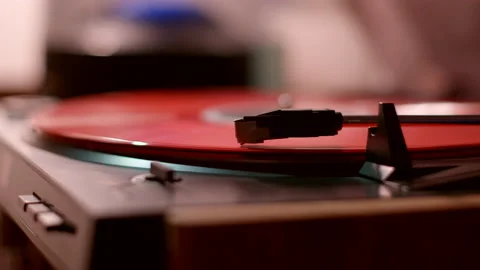 Red LP Spinning in Record Player Stock Footage 219439189