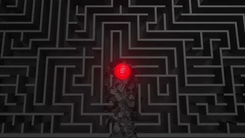 Red luminous ball in dark black maze. The concept of solving complex business Video stock 136863152