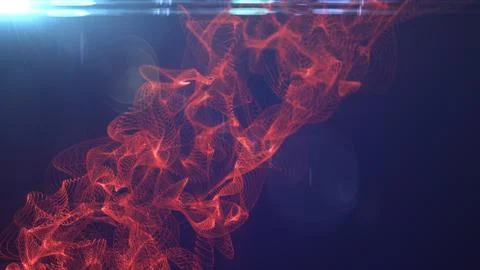 Red luminous particle mesh flows diagonally across a dark blue background w.. Stock Illustration