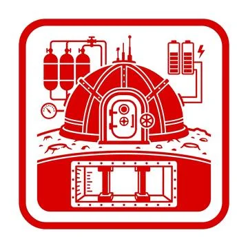 Red lunar base habitat dome icon showing underground shelter and power system Stock Illustration