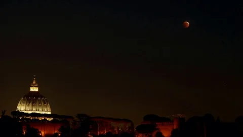 Red lunar Eclipse and St Peter Dome at Rome - Timelapse  July 27 2018 Stock Footage 92934873