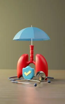 Red Lung model, Stethoscope and umbrella with Shield protect, Family insura.. Stock Illustration