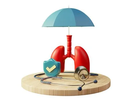 Red Lung model, Stethoscope and umbrella with Shield protect, Family insura.. Stock Illustration