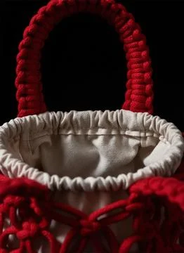 Red Macrame Handbag with Fabric Inner Bag on Black Background Stock Photos