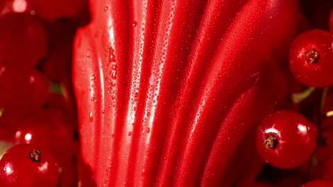 Red madeleine in currant berries close-up.Texture of red chocolate glaze Stock Footage 280497067