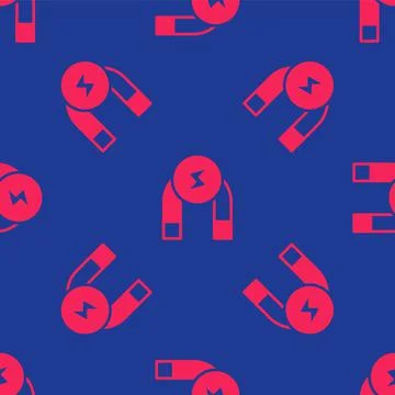 Red Magnet icon isolated seamless pattern on blue background. Horseshoe magnet Stockillustratie
