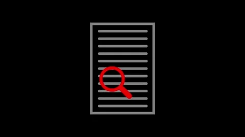 Red magnifying glass scanning grey document line by line on black backgroun.. Stock Footage 336476157